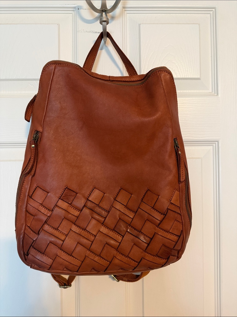 Women's Woven Leather Backpack - Brown